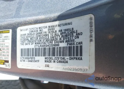 2004 Toyota Matrix Xr z USA, uszkodzony, nr VIN 2T1LR32E04C226080